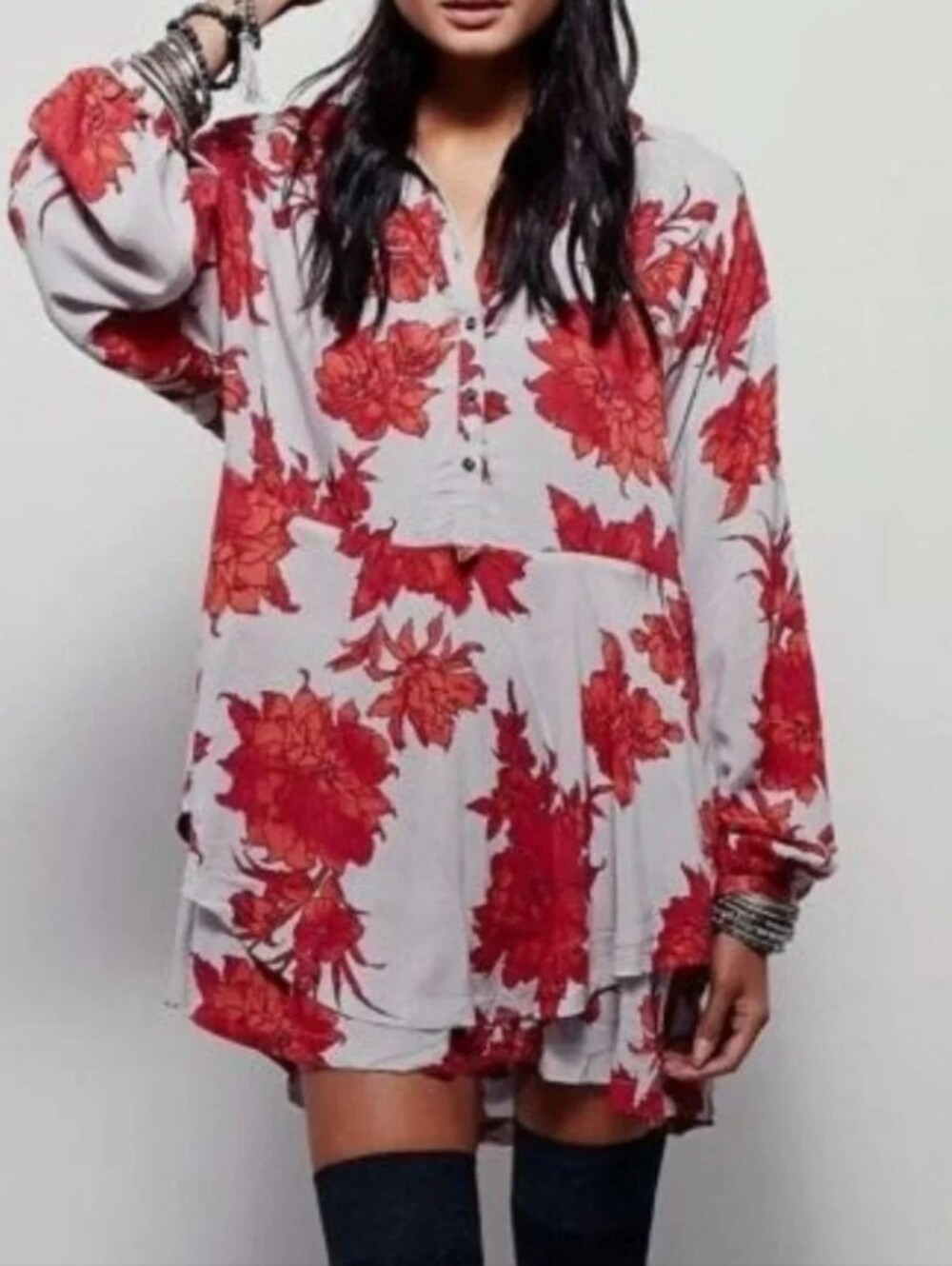 Free People Shake It Mini Dress Tunic M Gray Red Floral Long Sleeve Boho Rayon